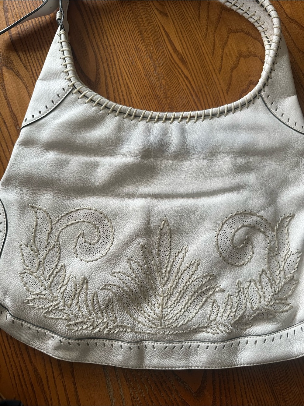 Cole Haan White Leather Shoulder Bag with Embroidered Detail